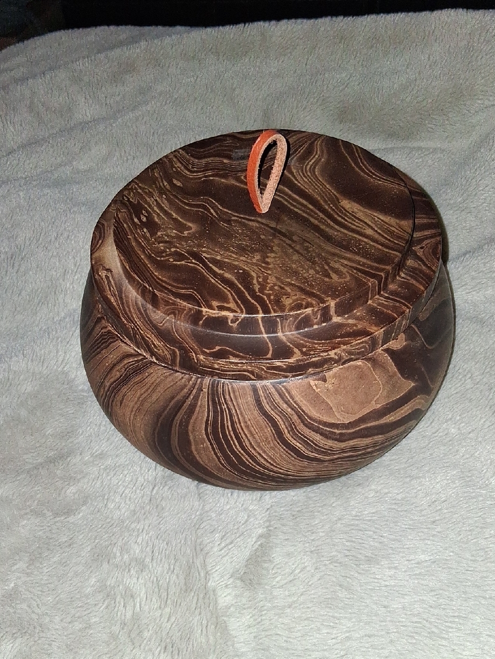 Round Swirled Wooden Trinket Box with Lid - Brown